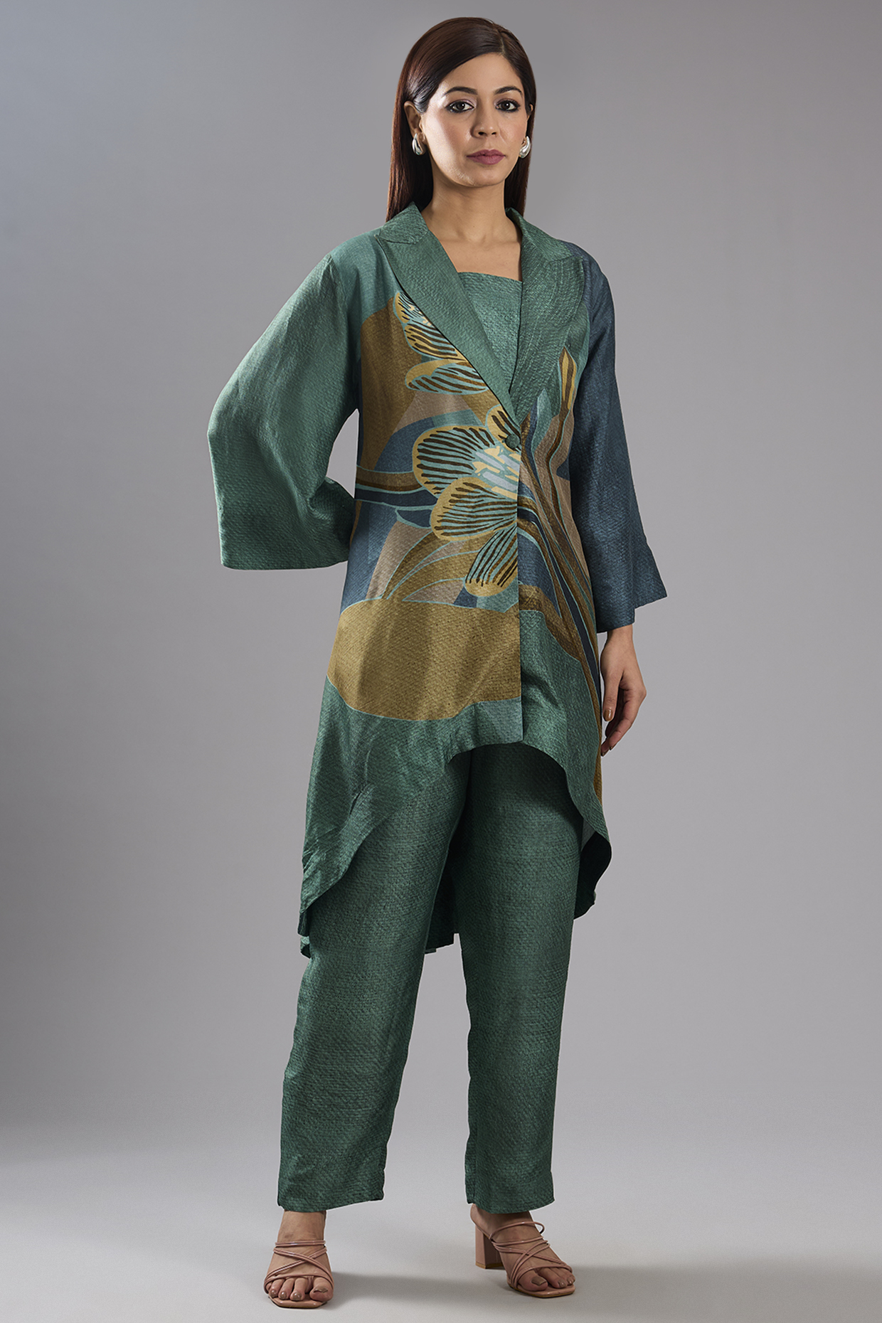 Green Dupion Silk Abstract Printed Tunic Kurta Set by CLOS at Pernia's Pop Up Shop