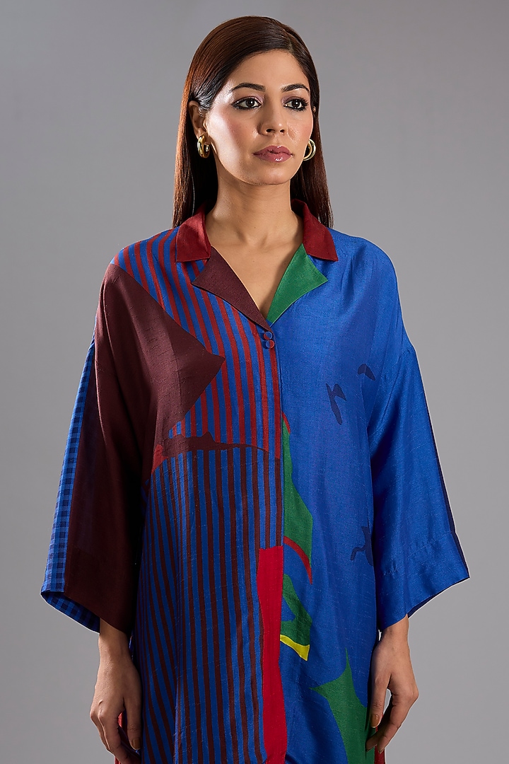 Blue Dupion Silk Abstract Printed Tunic Kurta Set by CLOS at Pernia's Pop Up Shop