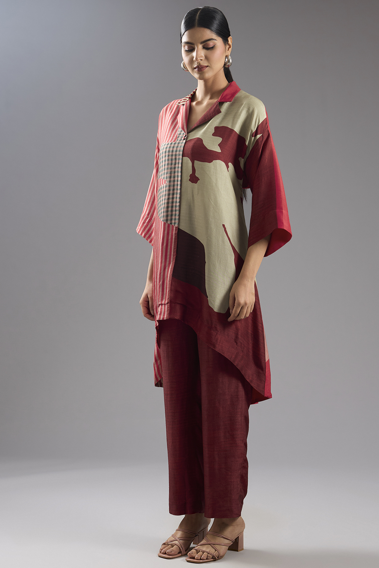 Red Dupion Silk Abstract Printed Tunic Kurta Set by CLOS at Pernia's Pop Up Shop