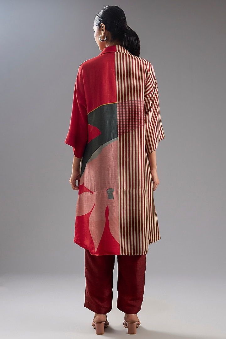Red Dupion Silk Abstract Printed Tunic Kurta Set by CLOS at Pernia's Pop Up Shop