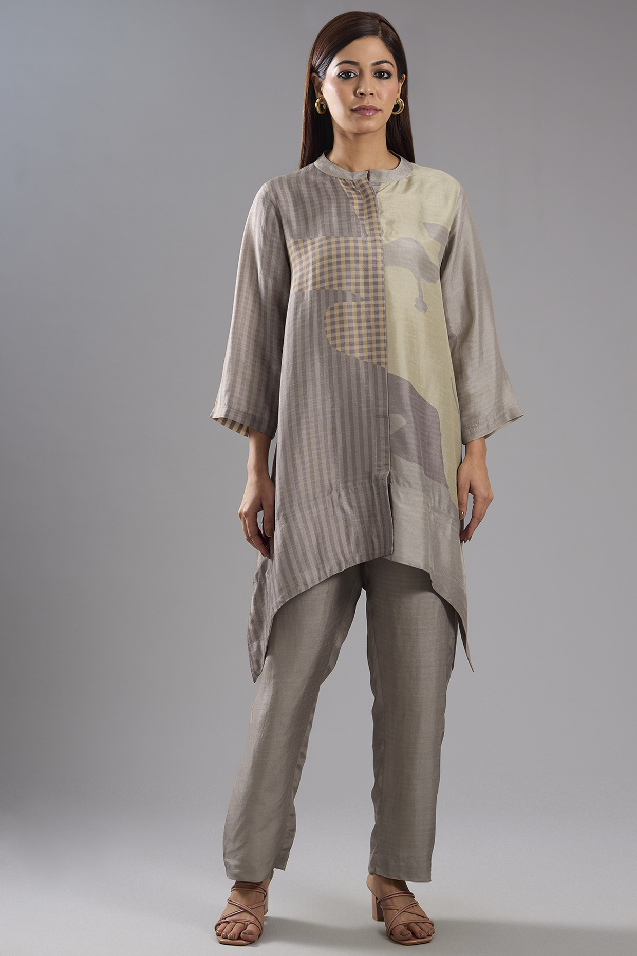 Beige Dupion Silk Abstract Printed Tunic Kurta Set by CLOS at Pernia's Pop Up Shop