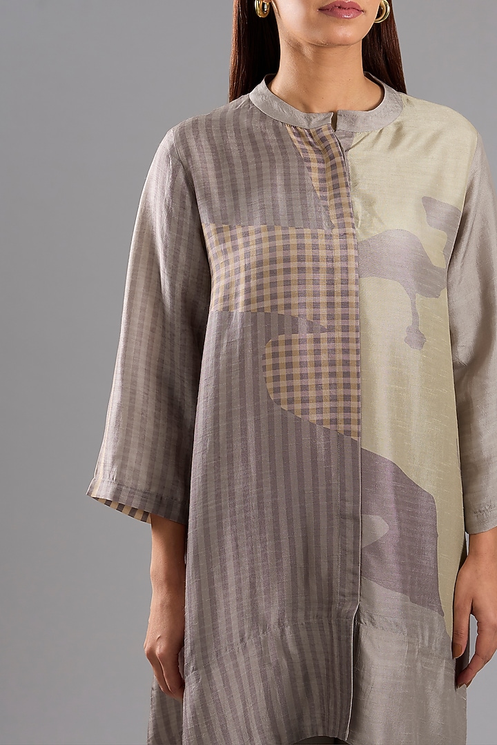 Beige Dupion Silk Abstract Printed Tunic Kurta Set by CLOS at Pernia's Pop Up Shop