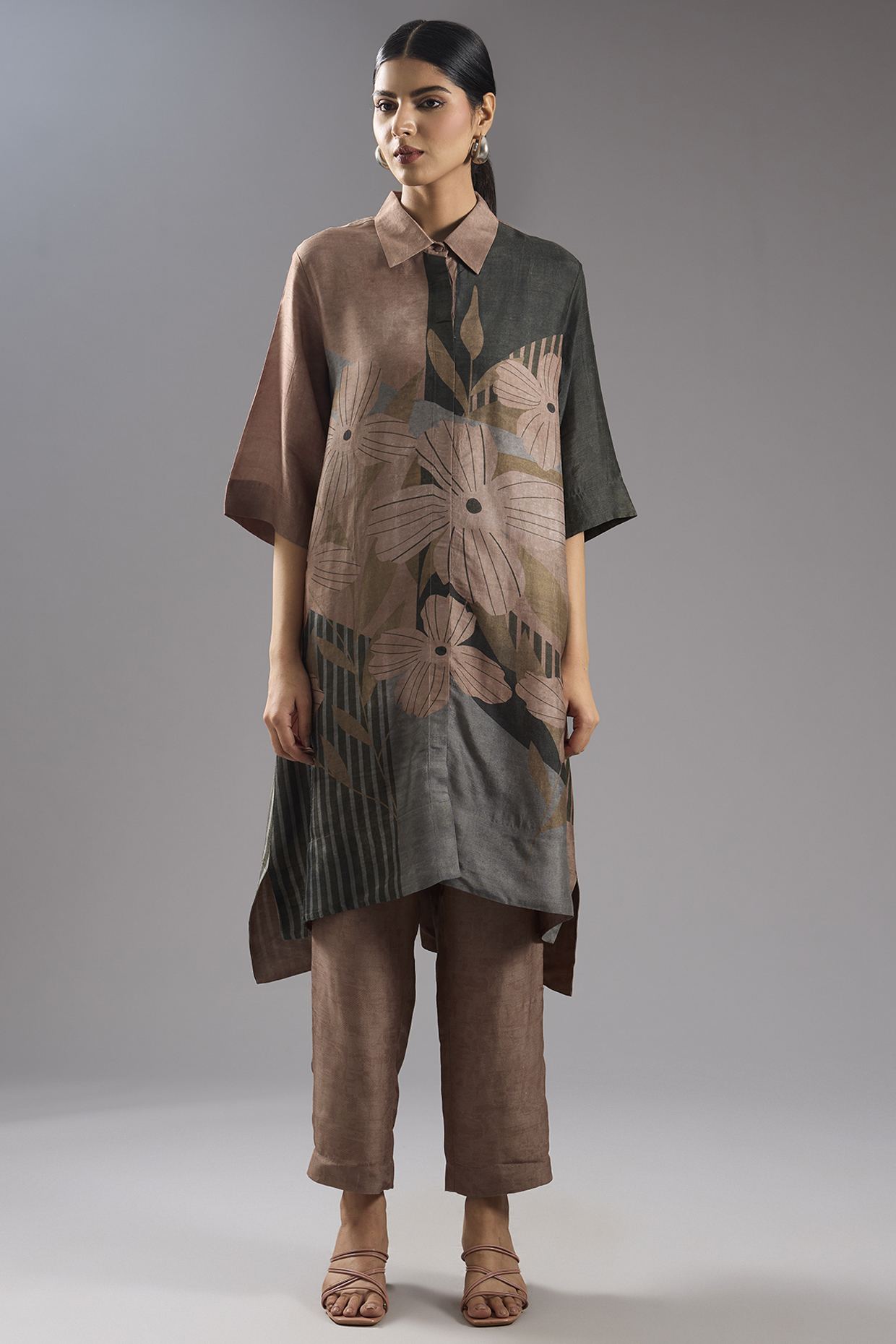 Beige Dupion Silk Abstract Printed Tunic Kurta Set by CLOS at Pernia's Pop Up Shop