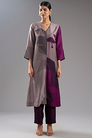 Wine Dupion Silk Abstract Printed Tunic Kurta Set by CLOS