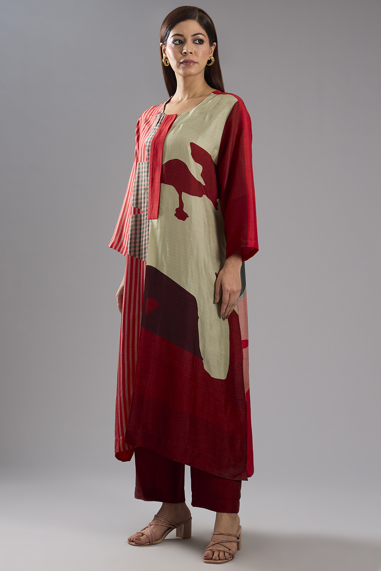 Red Dupion Silk Abstract Printed Tunic Kurta Set by CLOS at Pernia's Pop Up Shop