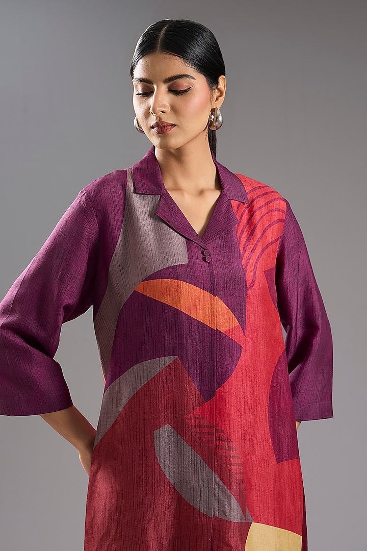 Wine Dupion Silk Abstract Printed Kurta Set by CLOS at Pernia's Pop Up Shop