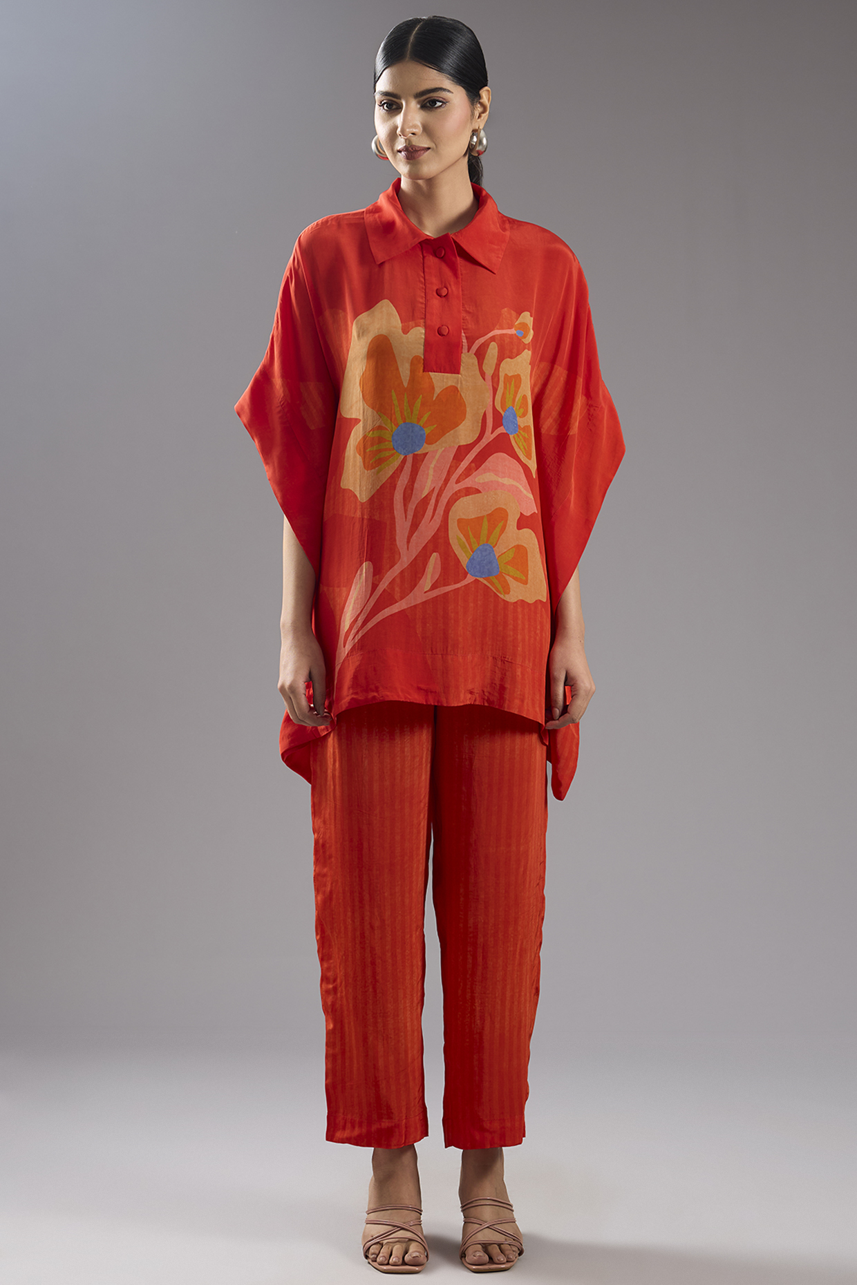 Red Silk Crepe Abstract Printed Kurta Set by CLOS at Pernia's Pop Up Shop