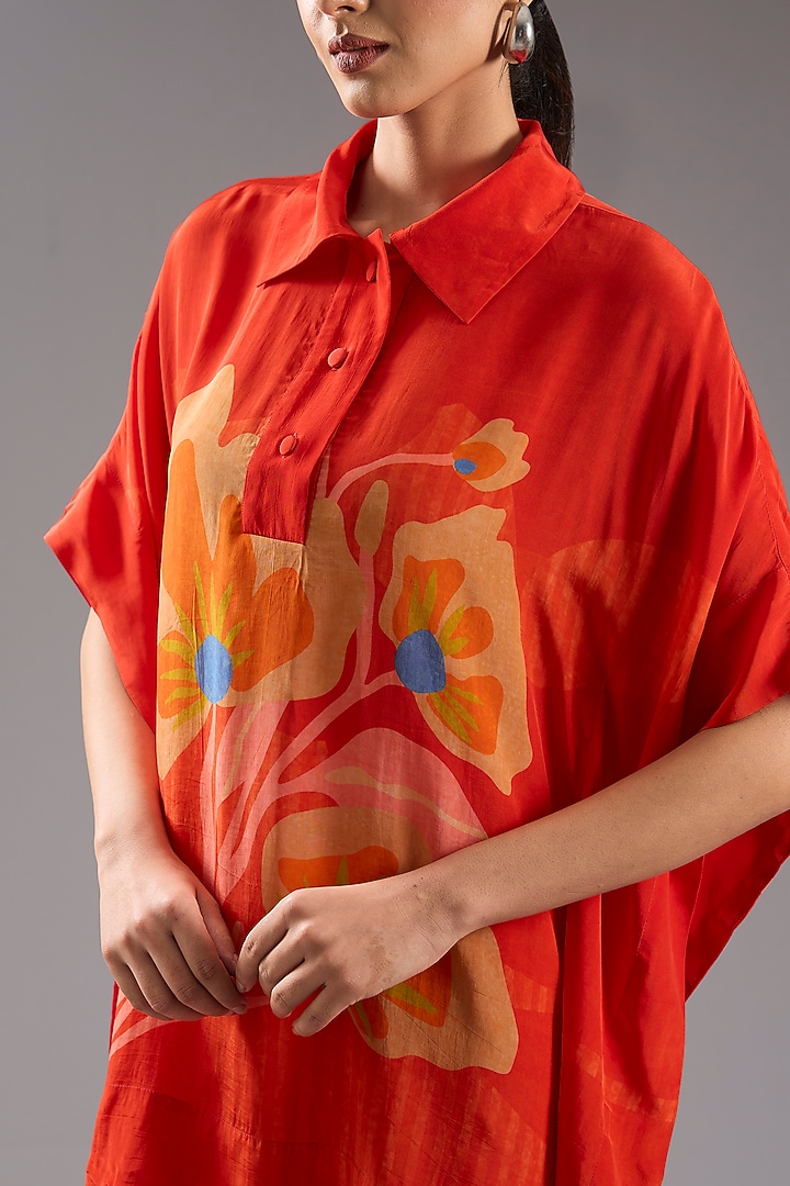 Red Silk Crepe Abstract Printed Kurta Set by CLOS at Pernia's Pop Up Shop