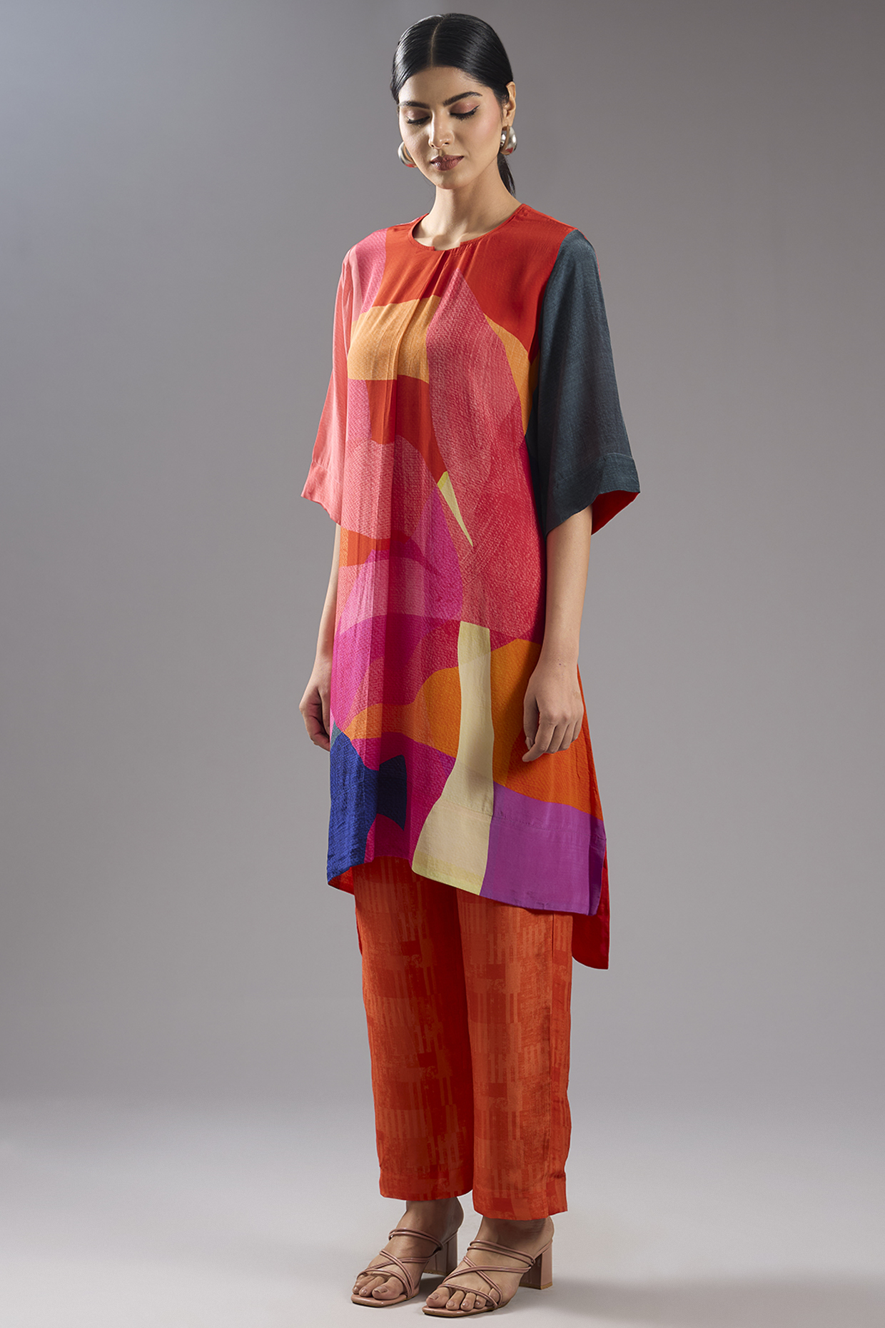 Red Silk Crepe Abstract Printed Kurta Set by CLOS at Pernia's Pop Up Shop