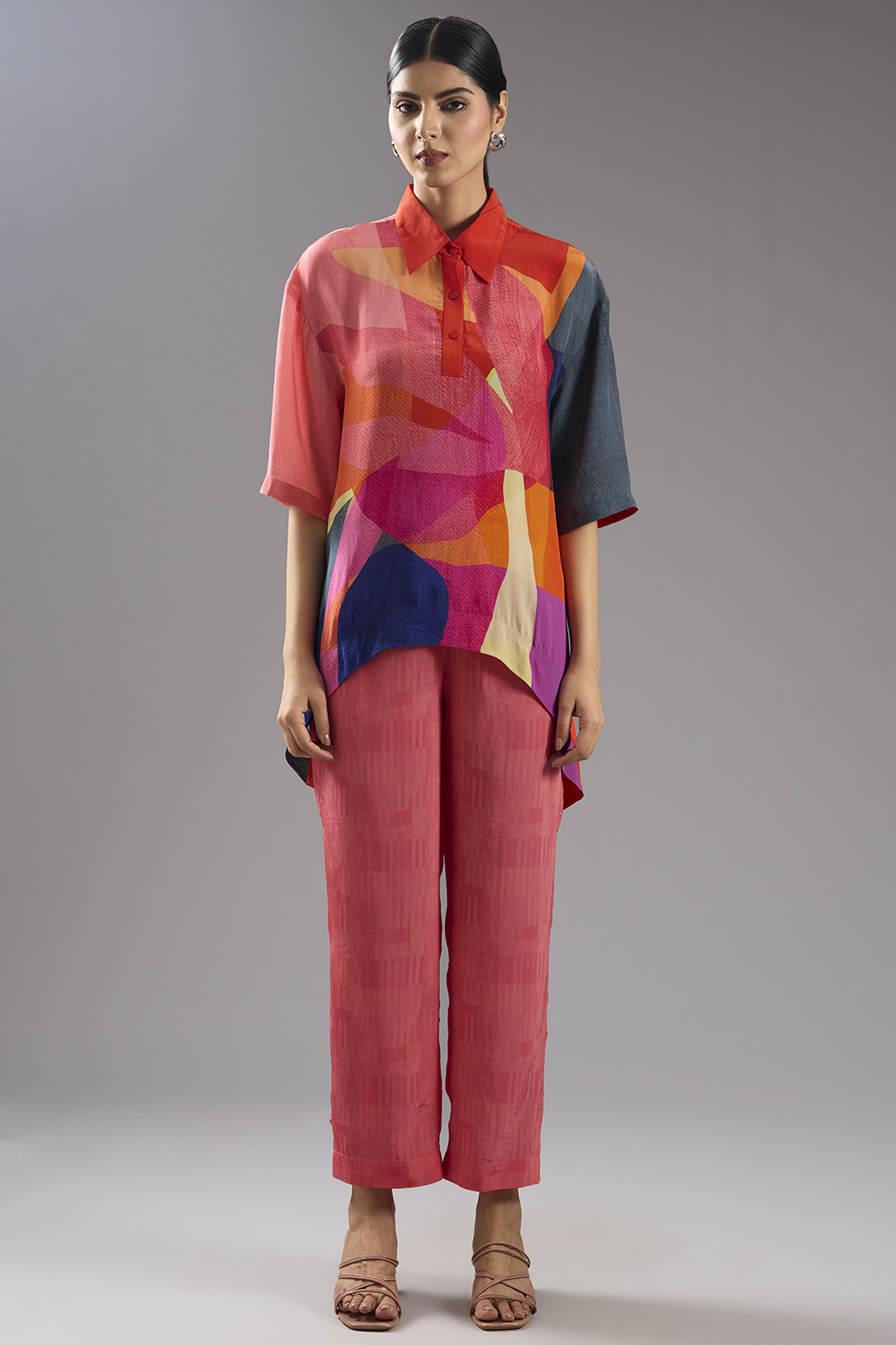 Red Silk Crepe Abstract Printed Tunic Kurta Set by CLOS at Pernia's Pop Up Shop