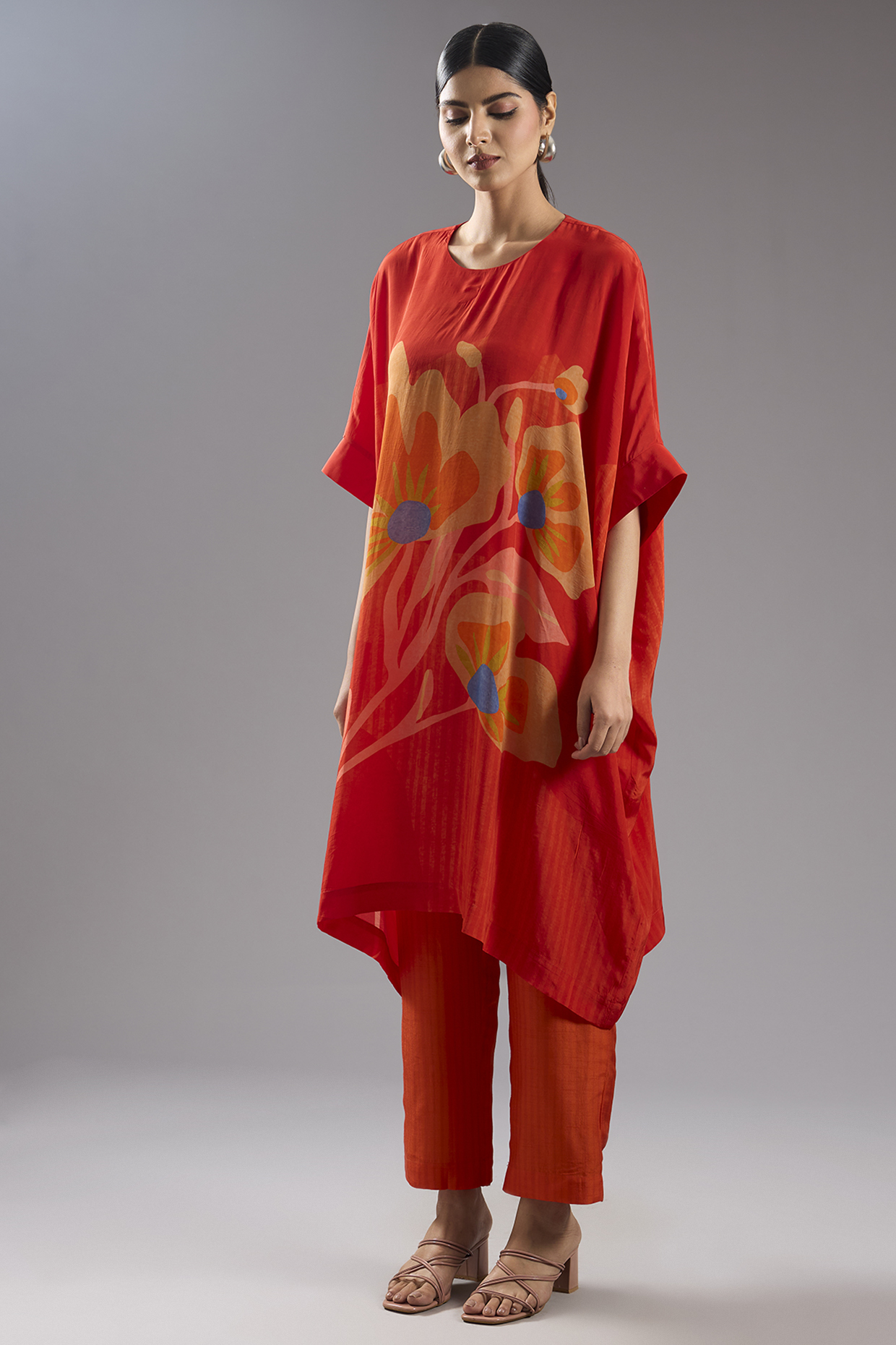 Red Silk Crepe Abstract Printed Tunic Kurta Set by CLOS at Pernia's Pop Up Shop