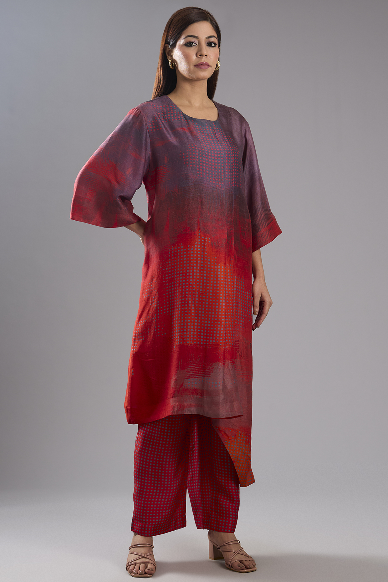 Red Dupion Silk Abstract Printed Kurta Set by CLOS at Pernia's Pop Up Shop