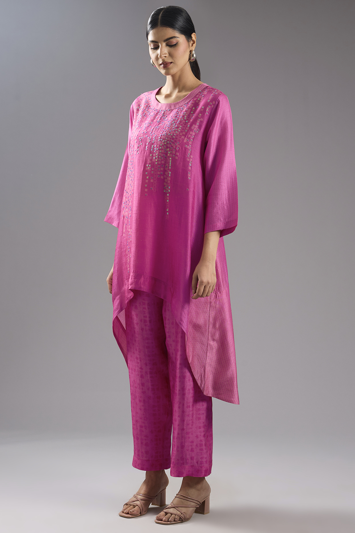 Pink Dupion Silk Abstract Printed Kurta Set by CLOS at Pernia's Pop Up Shop