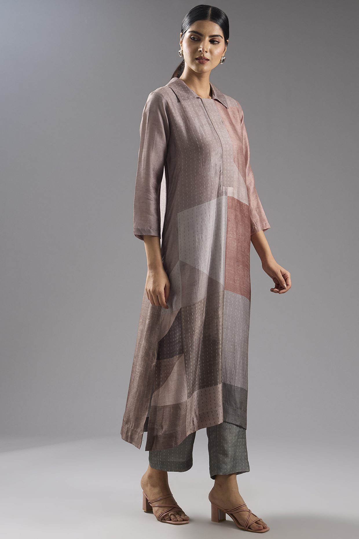 Grey Dupion Silk Abstract Printed Tunic Kurta Set by CLOS at Pernia's Pop Up Shop