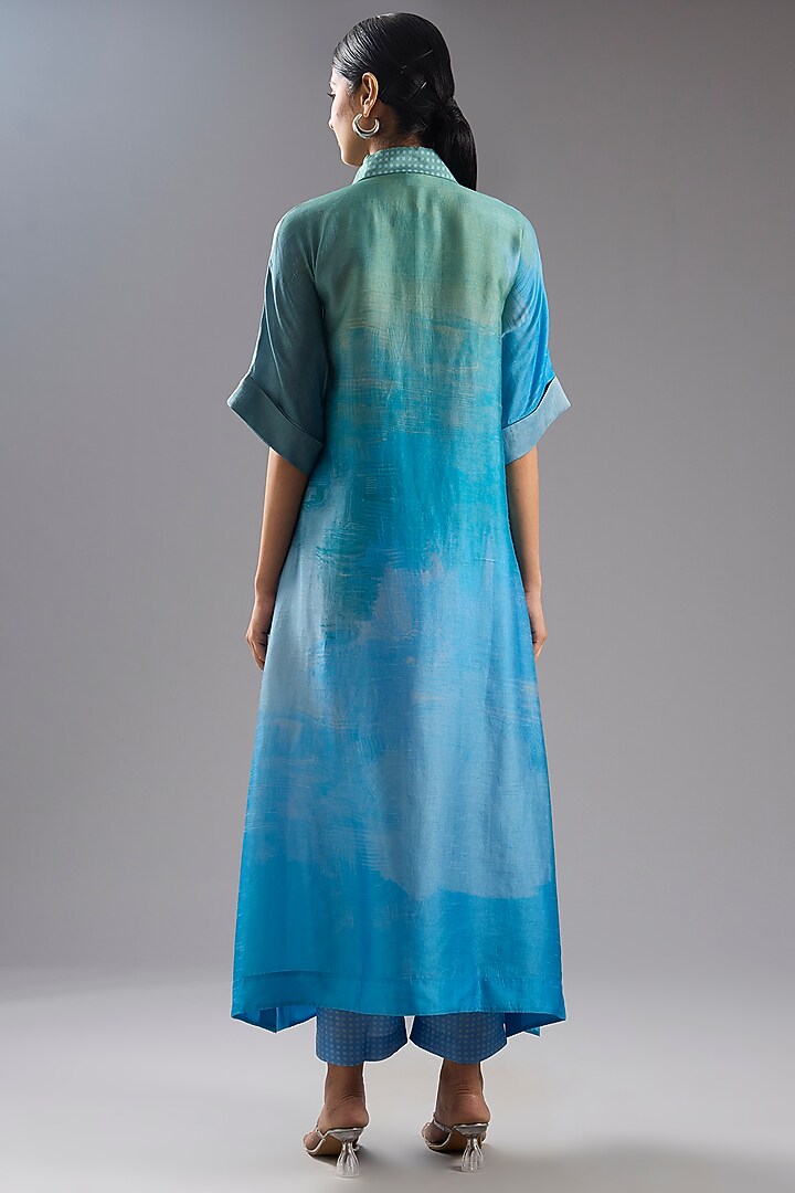 Blue Dupion Silk Abstract Printed Tunic Kurta Set by CLOS at Pernia's Pop Up Shop