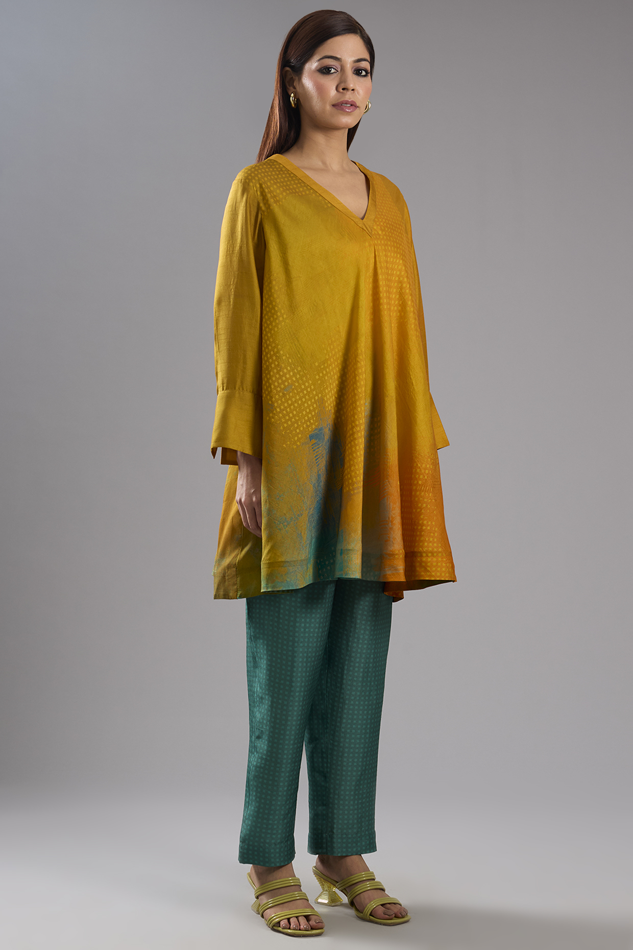 Orange Dupion Silk Abstract Printed Tunic Kurta Set by CLOS at Pernia's Pop Up Shop