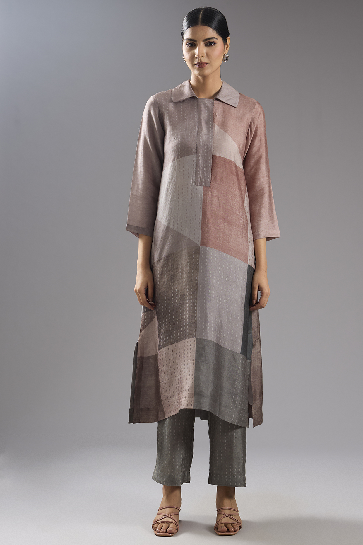 Grey Dupion Silk Abstract Printed Tunic Kurta Set by CLOS at Pernia's Pop Up Shop