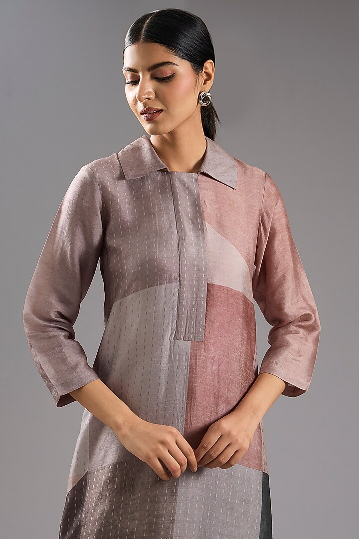 Grey Dupion Silk Abstract Printed Tunic Kurta Set by CLOS at Pernia's Pop Up Shop