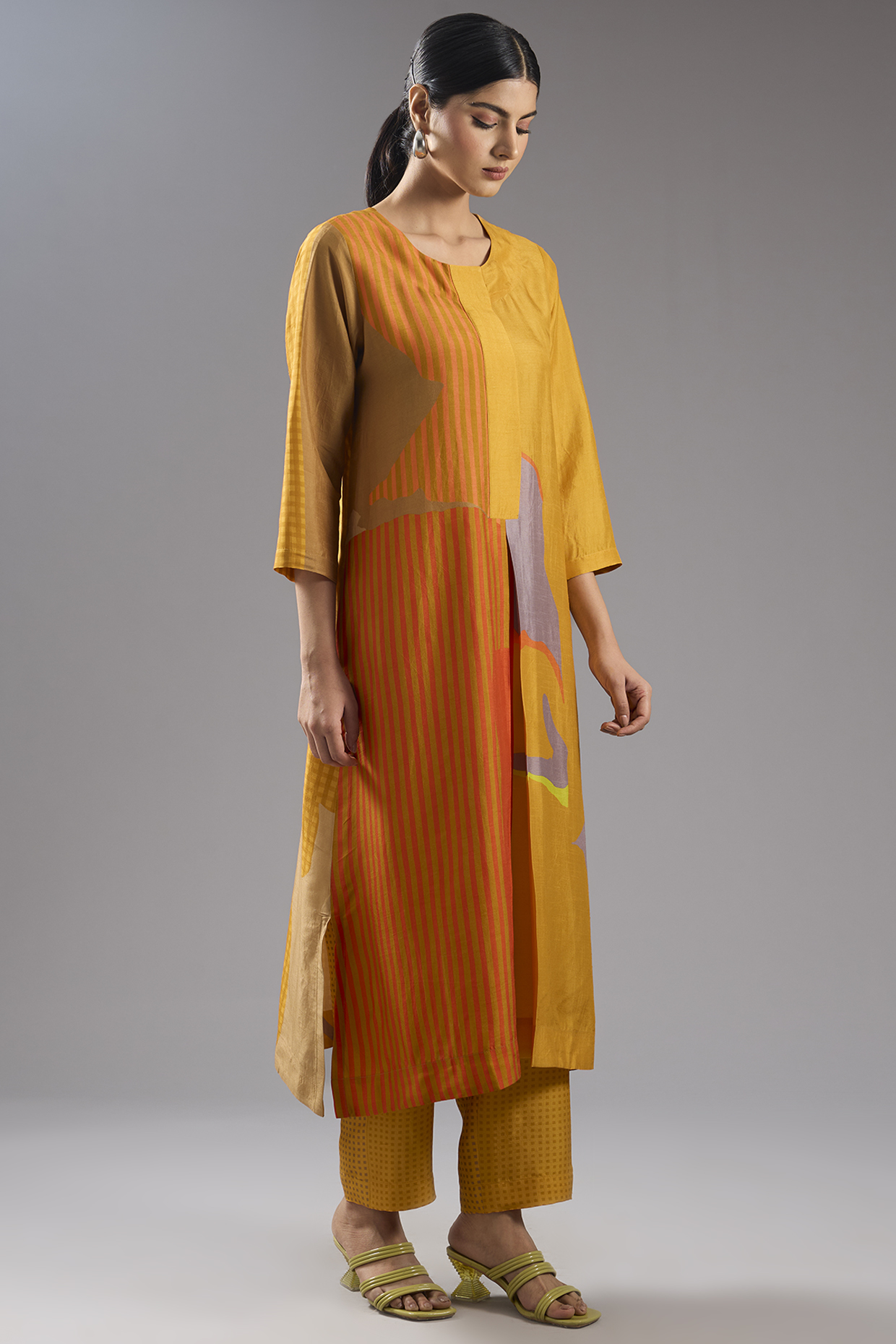 Orange Dupion Silk Abstract Printed Tunic Kurta Set by CLOS at Pernia's Pop Up Shop
