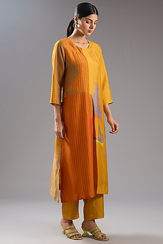 Orange Dupion Silk Abstract Printed Tunic Kurta Set by CLOS