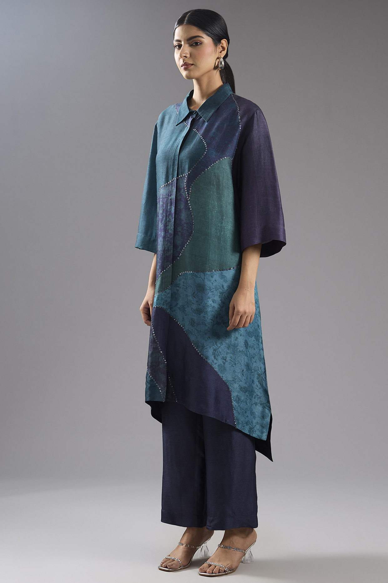 Blue Dupion Silk Abstract Printed Kurta Set by CLOS at Pernia's Pop Up Shop