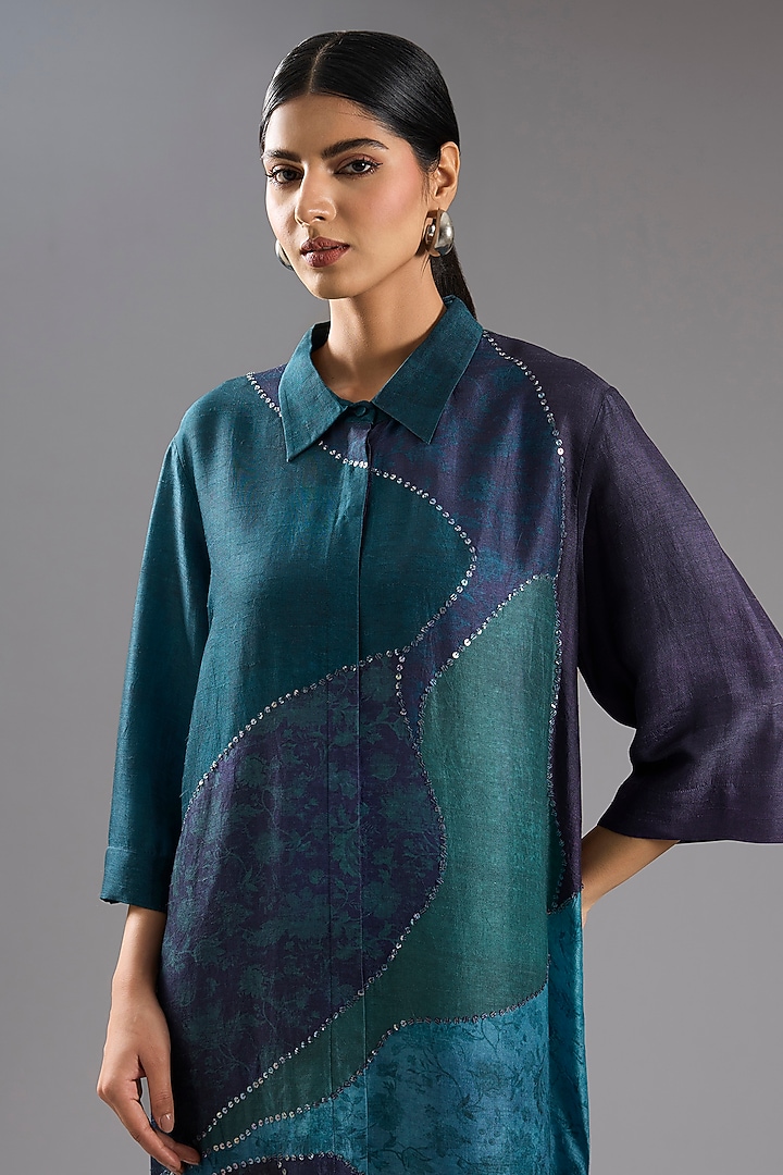 Blue Dupion Silk Abstract Printed Kurta Set by CLOS at Pernia's Pop Up Shop