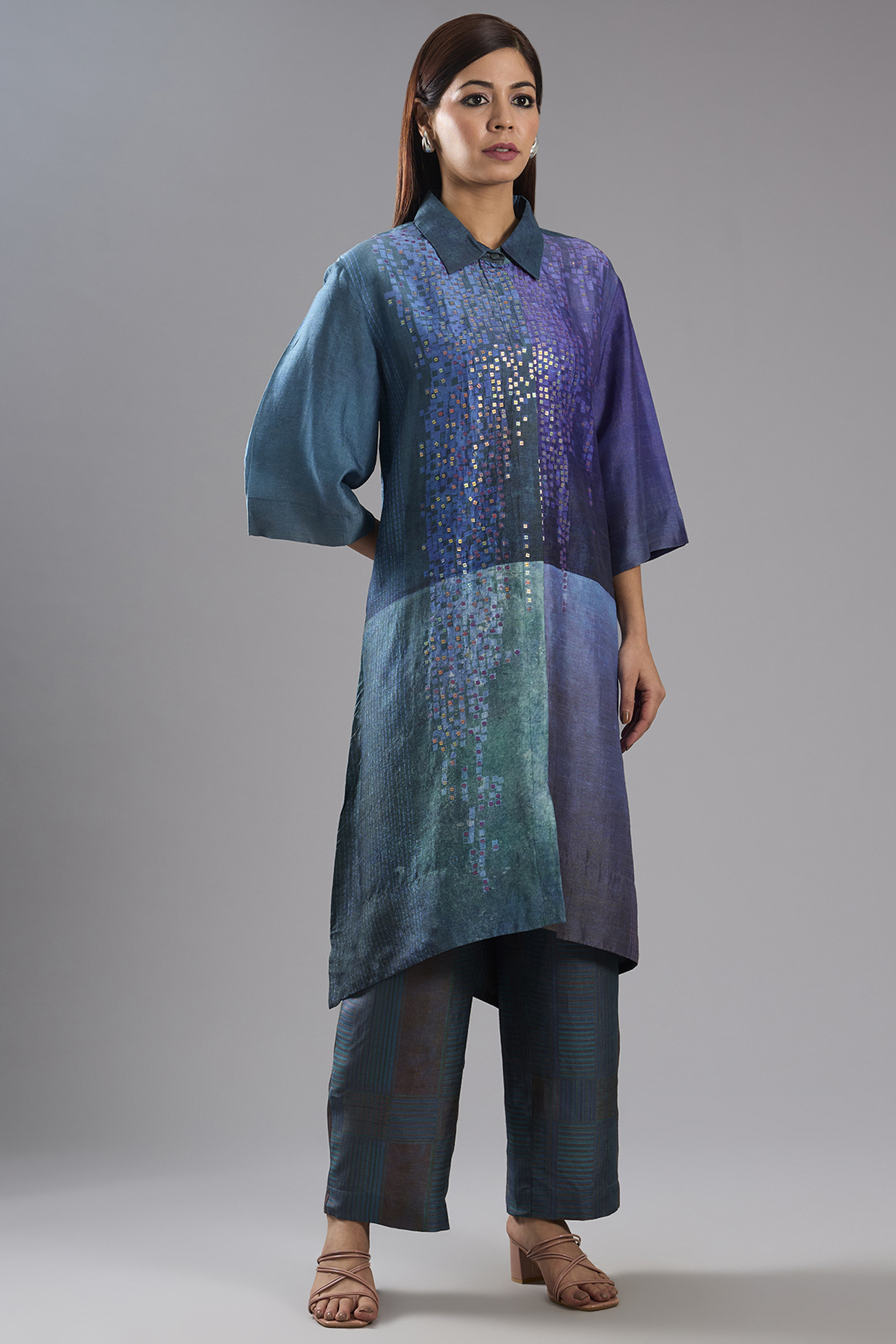 Blue Dupion Silk Abstract Printed Kurta Set by CLOS at Pernia's Pop Up Shop