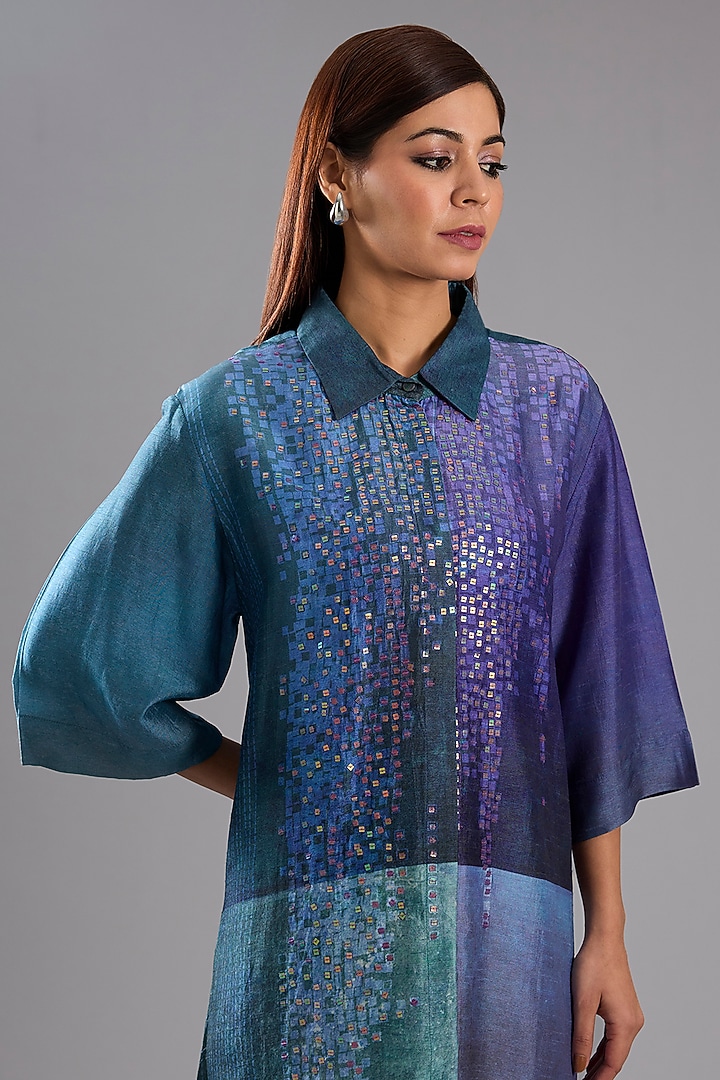Blue Dupion Silk Abstract Printed Kurta Set by CLOS at Pernia's Pop Up Shop