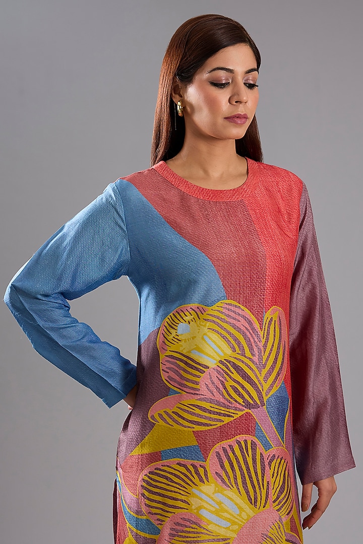 Multi-Colored Dupion Silk Abstract Printed Tunic Kurta Set by CLOS at Pernia's Pop Up Shop