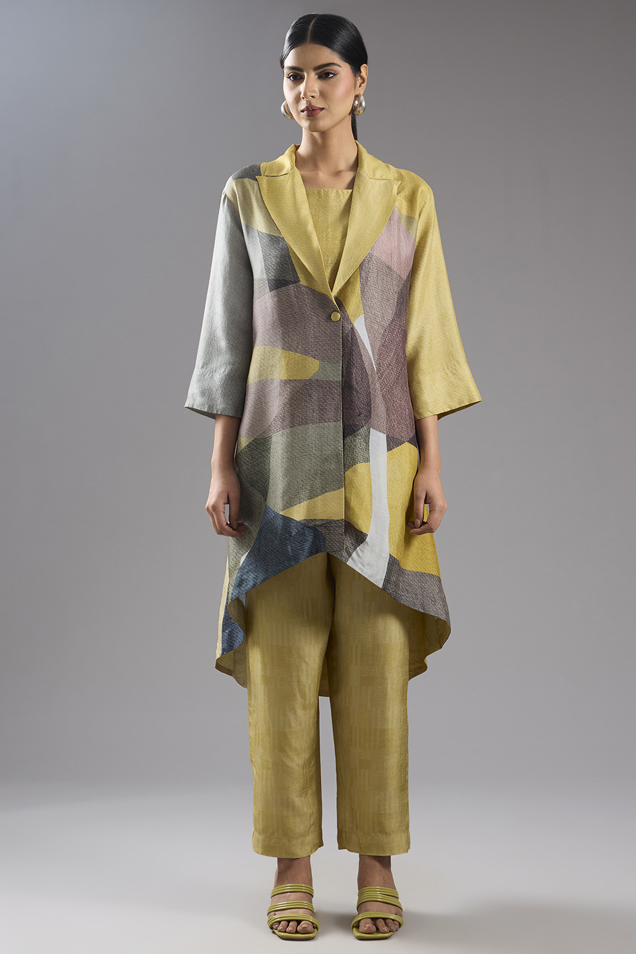 Yellow Dupion Silk Abstract Printed Tunic Kurta Set by CLOS at Pernia's Pop Up Shop