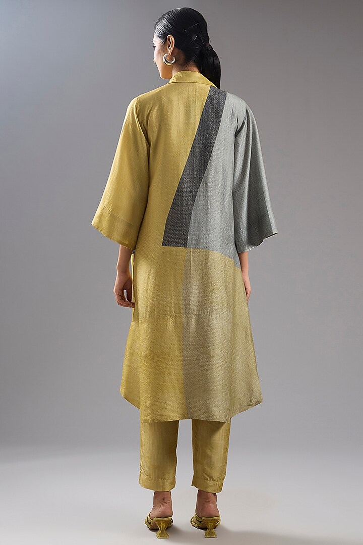 Yellow Dupion Silk Abstract Printed Tunic Kurta Set by CLOS at Pernia's Pop Up Shop
