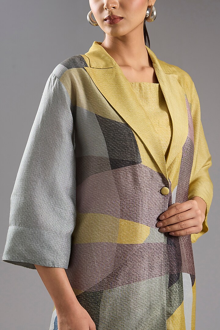 Yellow Dupion Silk Abstract Printed Tunic Kurta Set by CLOS at Pernia's Pop Up Shop