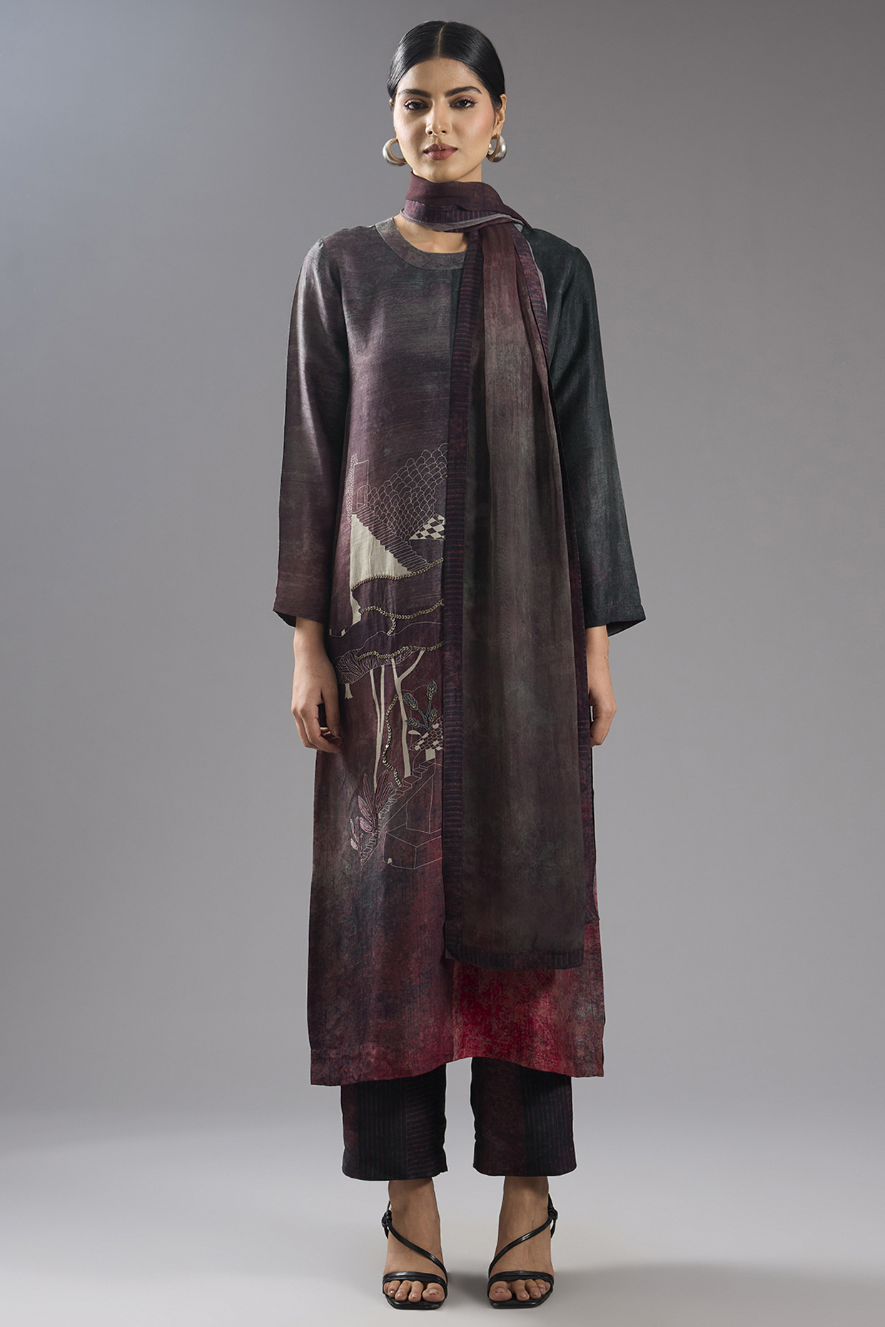 Multi-Colored Dupion Silk Abstract Printed Tunic Kurta Set by CLOS at Pernia's Pop Up Shop