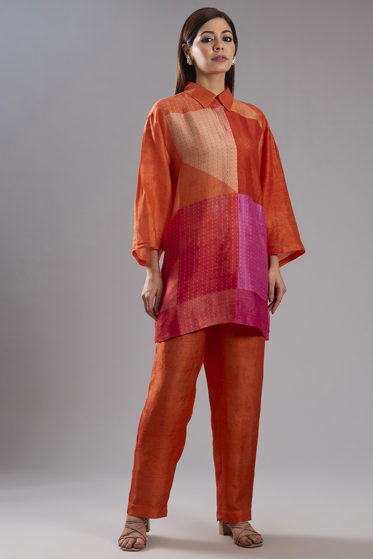 Orange Dupion Silk Abstract Printed Tunic Kurta Set by CLOS at Pernia's Pop Up Shop