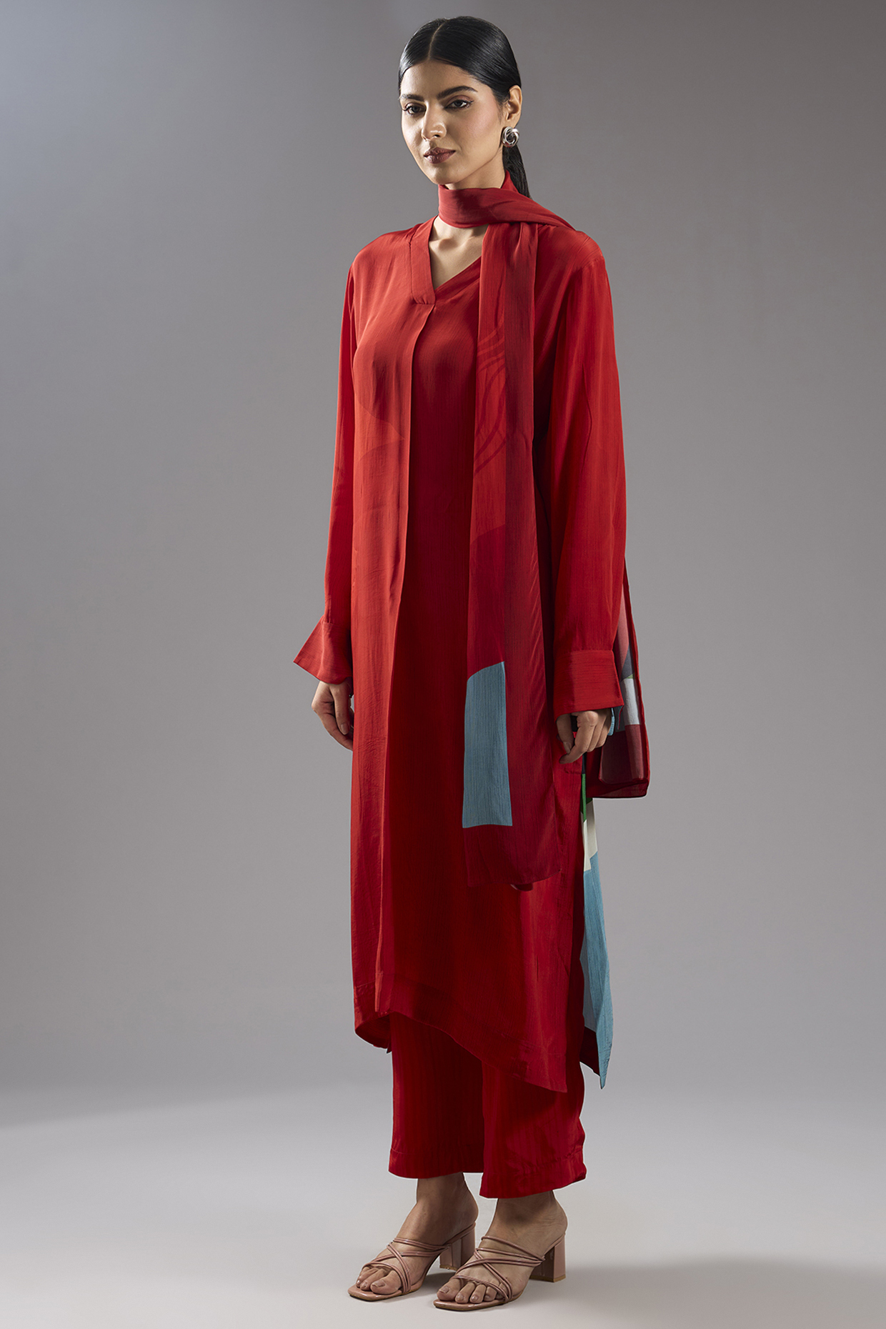 Red Silk Crepe Abstract Printed Tunic Kurta Set by CLOS at Pernia's Pop Up Shop