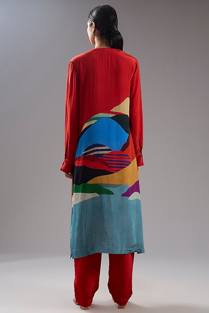 Red Silk Crepe Abstract Printed Tunic Kurta Set by CLOS at Pernia's Pop Up Shop