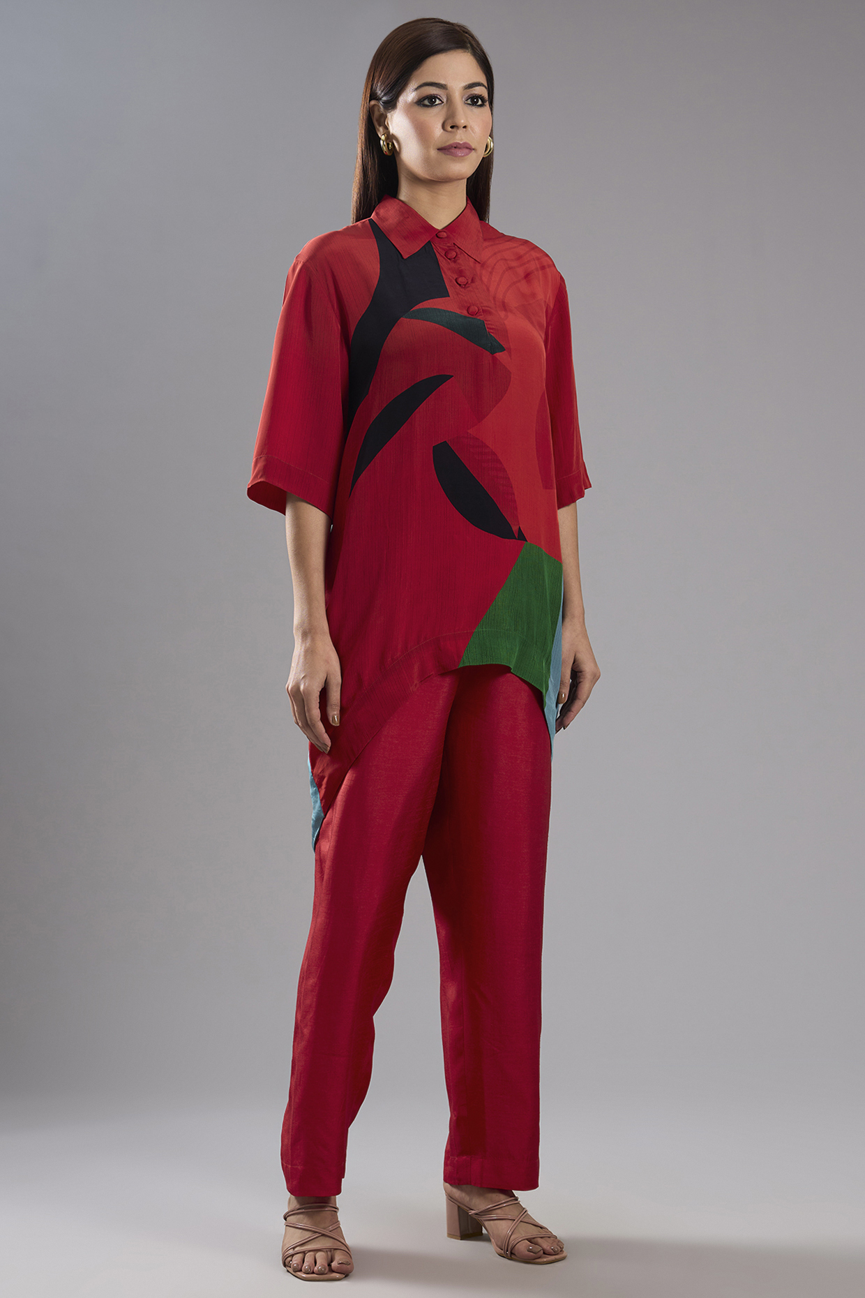 Red Silk Crepe Abstract Printed Tunic Kurta Set by CLOS at Pernia's Pop Up Shop