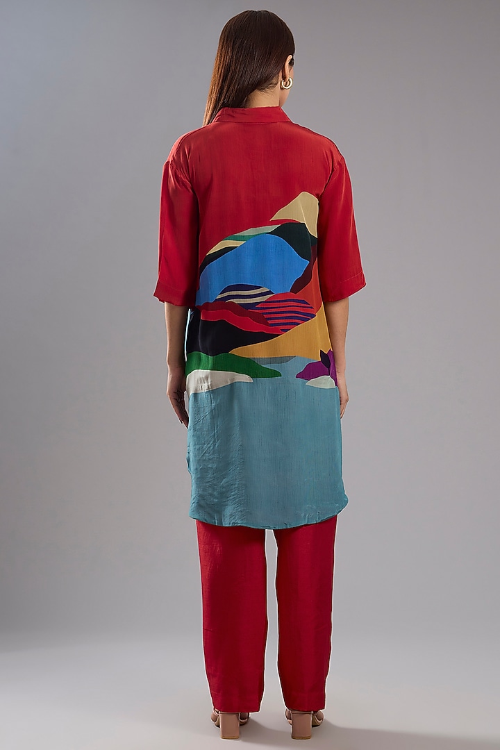 Red Silk Crepe Abstract Printed Tunic Kurta Set by CLOS at Pernia's Pop Up Shop