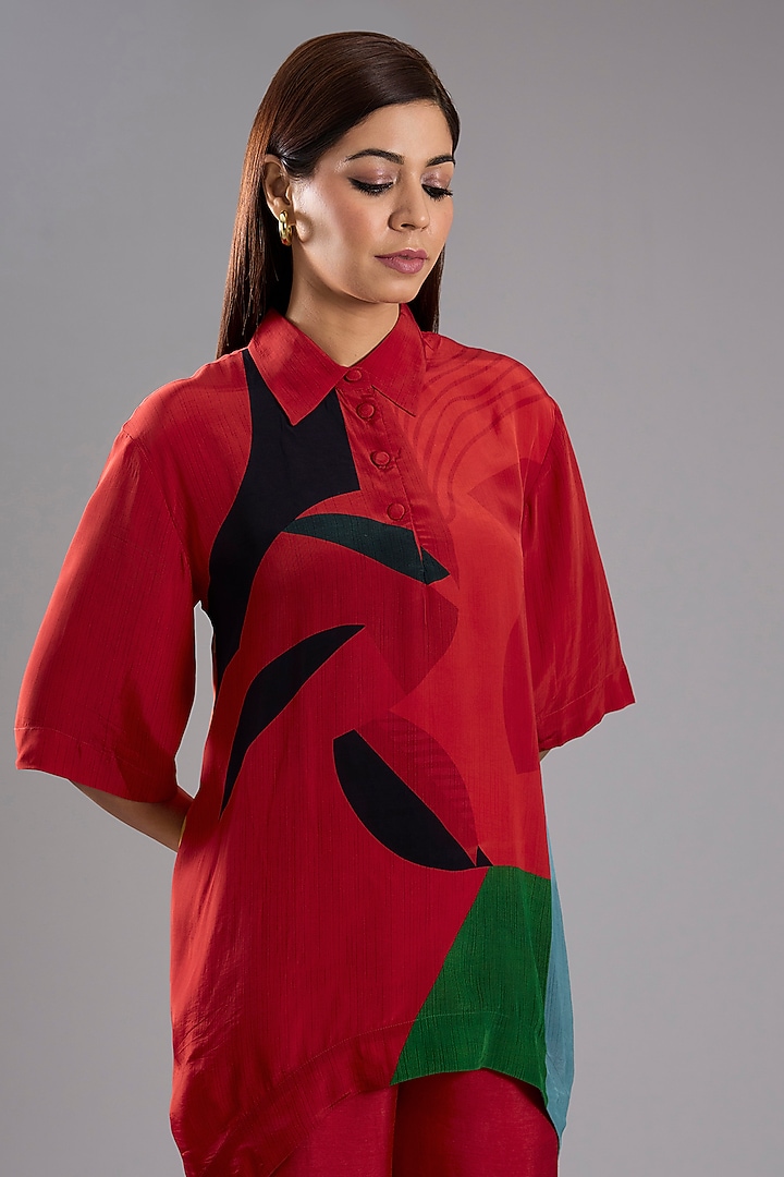 Red Silk Crepe Abstract Printed Tunic Kurta Set by CLOS at Pernia's Pop Up Shop