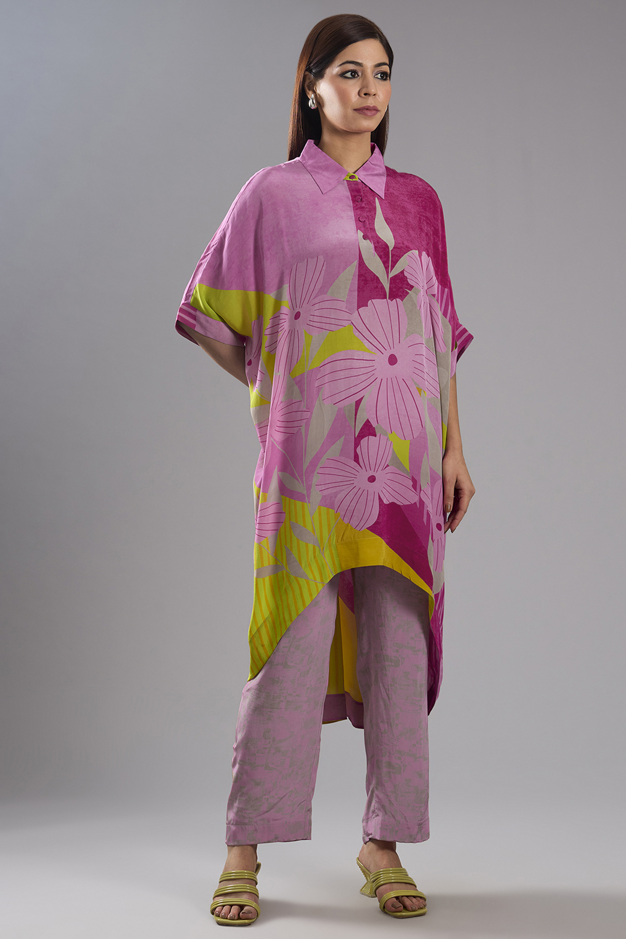 Pink Silk Crepe Abstract Printed Kaftan Set by CLOS at Pernia's Pop Up Shop