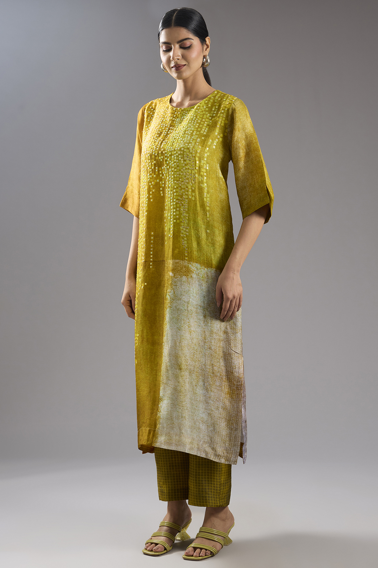 Yellow Dupion Silk Abstract Printed Kurta Set by CLOS at Pernia's Pop Up Shop