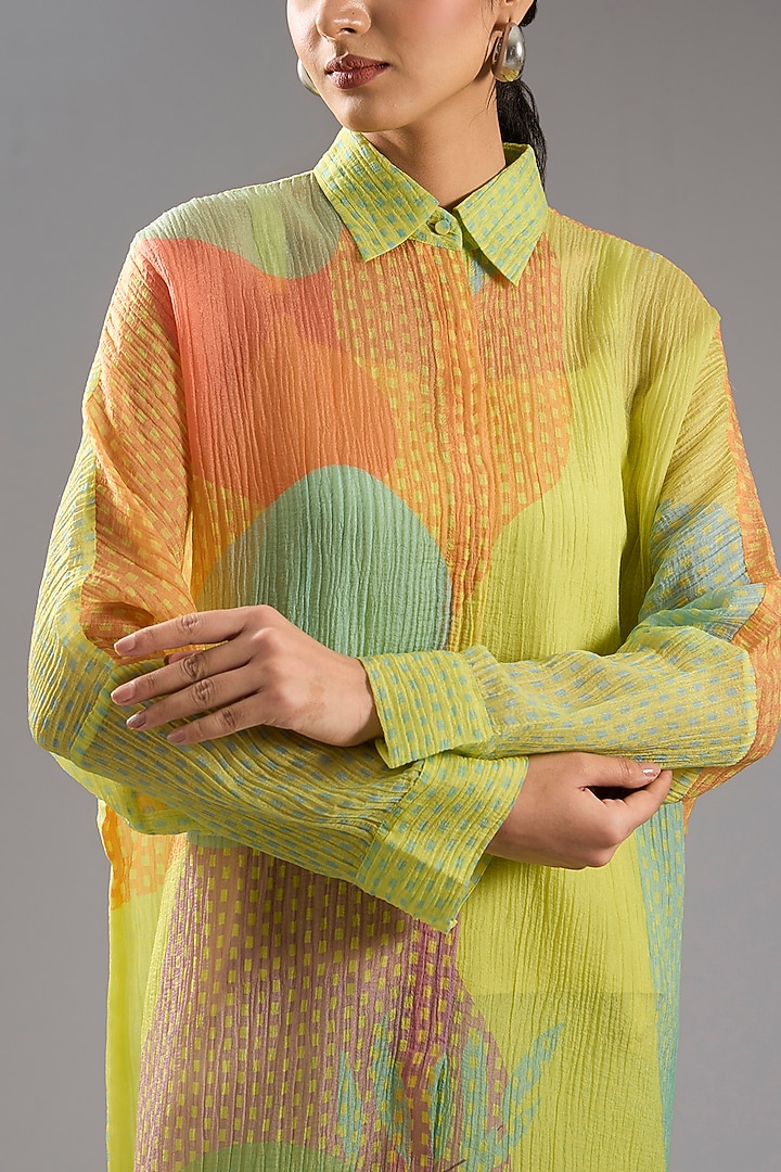 Yellow Shimmer Cupro Abstract Printed Tunic Kurta Set by CLOS at Pernia's Pop Up Shop