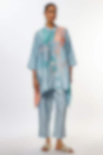 Blue Dupion Silk Floral Printed Kurta Set by CLOS at Pernia's Pop Up Shop