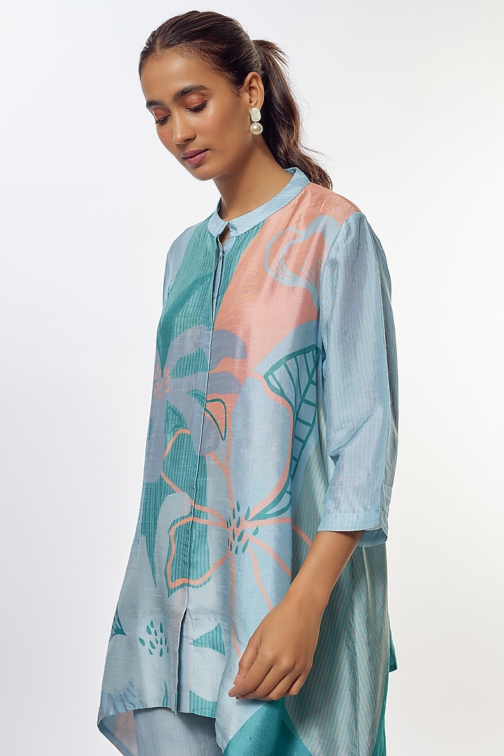 Blue Dupion Silk Floral Printed Kurta Set by CLOS at Pernia's Pop Up Shop