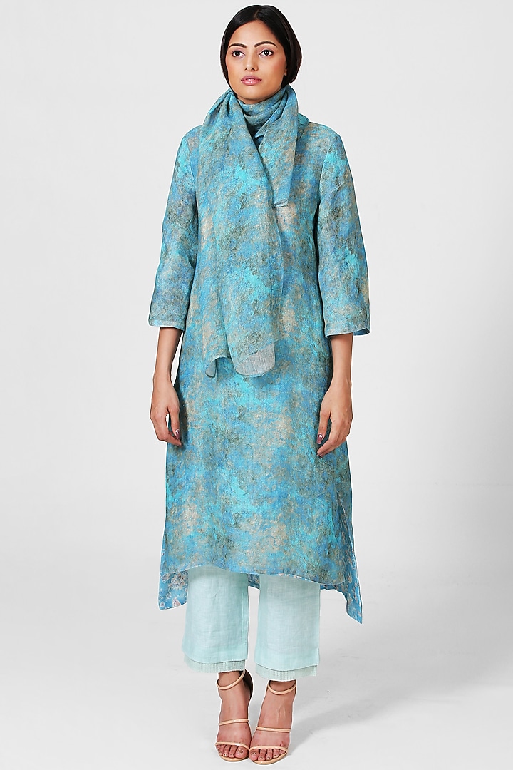 Blue Linen Digital Printed Reversible Tunic Set by CLOS at Pernia's Pop Up Shop