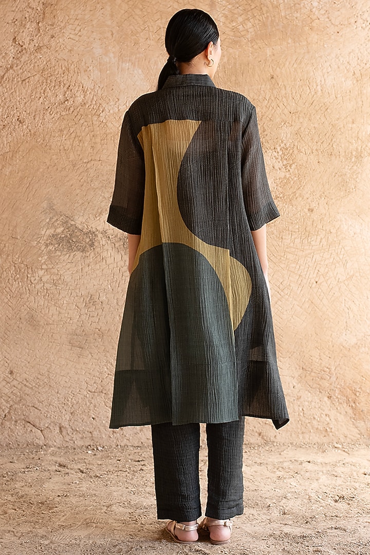 Charcoal Grey Shimmer Cupro Wrinkle Printed Tunic Set by CLOS at Pernia's Pop Up Shop