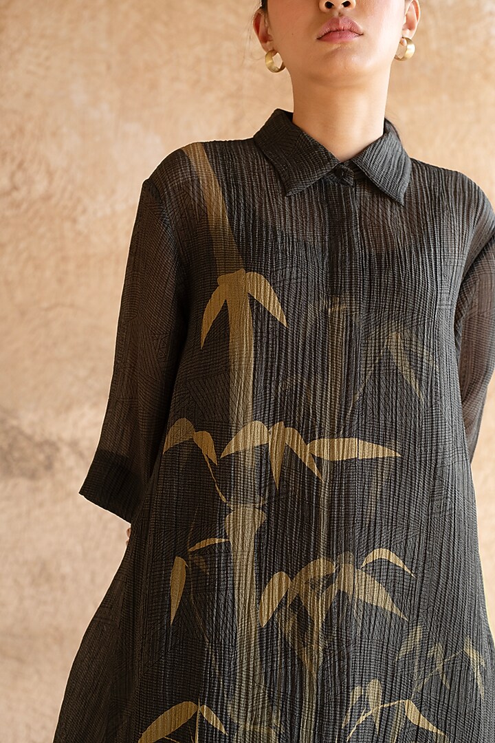 Charcoal Grey Shimmer Cupro Wrinkle Printed Tunic Set by CLOS at Pernia's Pop Up Shop