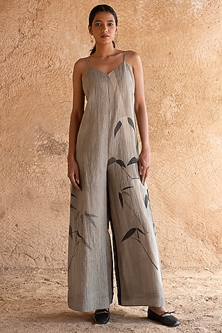 Light Grey Shimmer Cupro Wrinkle Printed Jumpsuit by CLOS
