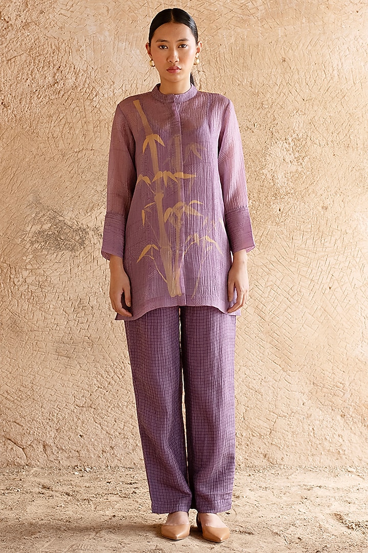 Lavender Shimmer Cupro Wrinkle Printed Co-Ord Set by CLOS at Pernia's Pop Up Shop