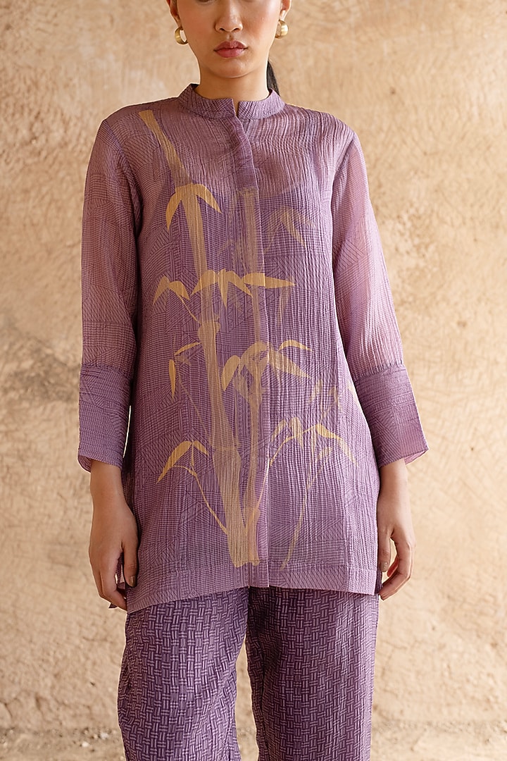 Lavender Shimmer Cupro Wrinkle Printed Co-Ord Set by CLOS at Pernia's Pop Up Shop